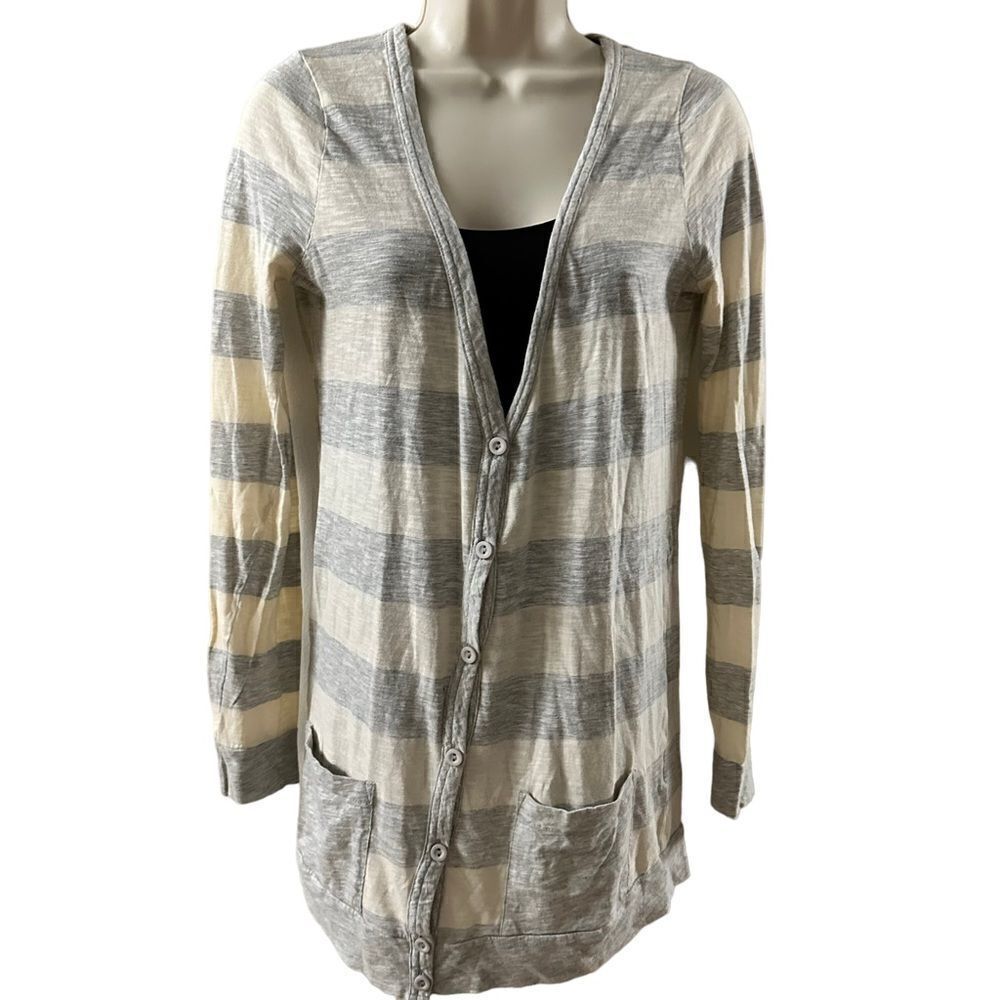 Top Shop ~ Long Striped Cardigan ~ very lightweight ~ cream and grey ~ size 6
